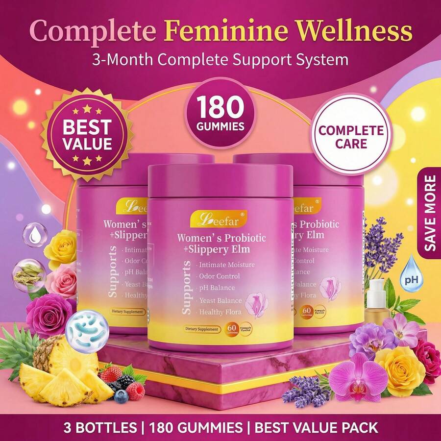 LEEFAR Her Juicy  Feminine Probiotics Gummies- All In One Solution With Slippery Elm And Prebiotics&Lactobacillus Probiotic Blend For Women's PH Balance And Dryness - Hawaiian Pineapple Gummies 60 Count Hawaiian Pineapple Women's Probiotic - Default Color