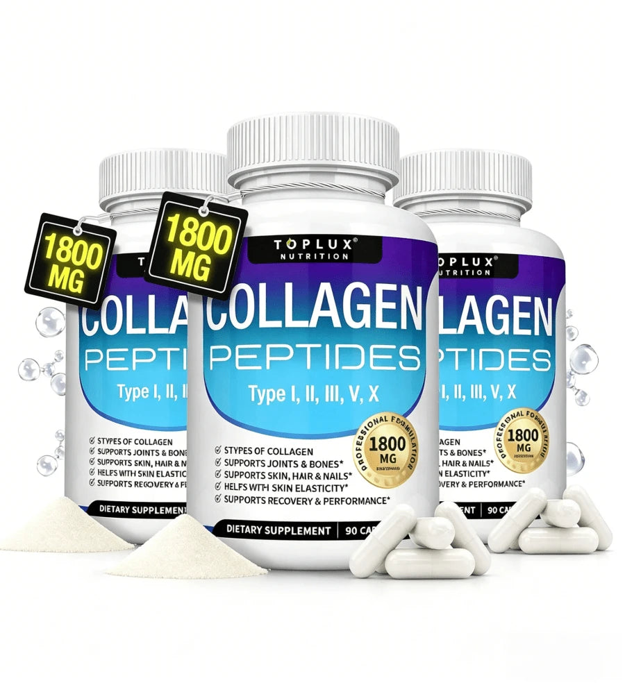 Toplux Multi Collagen Peptides Pills 1800 Mg Complex - Type I, II, III, V, X Premium Collagen Complex For Better Skin & Hair, Strong Joint, Hydrolyzed Protein, For Men Women, 90 Capsules, Supplement - Default Color