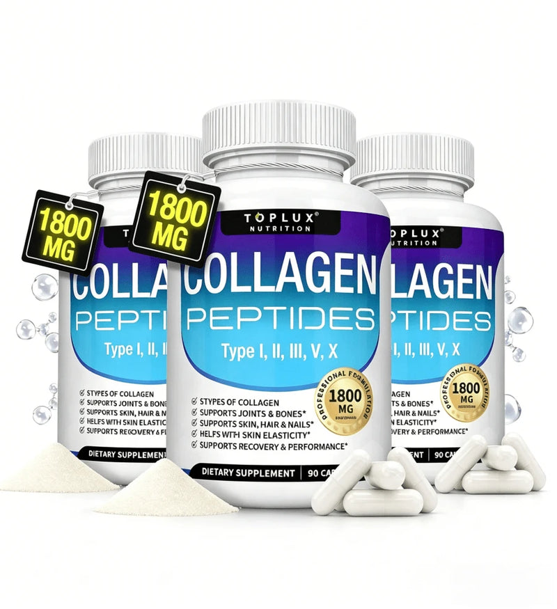 Toplux Multi Collagen Peptides Pills 1800 Mg Complex - Type I, II, III, V, X Premium Collagen Complex For Better Skin & Hair, Strong Joint, Hydrolyzed Protein, For Men Women, 90 Capsules, Supplement - Default Color