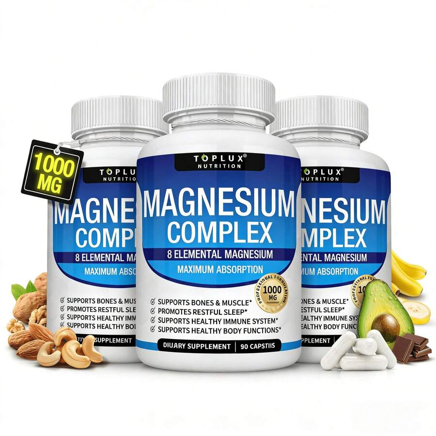 3pack Magnesium Complex 1000mg 8-Element Supplement|     Glycinate, Citrate, Malate, Taurate|     Chelated For Max Absorption|     Bone, Muscle, Recovery & Energy Support|     Vegan Non-GMO, 90 Capsules - Default Color