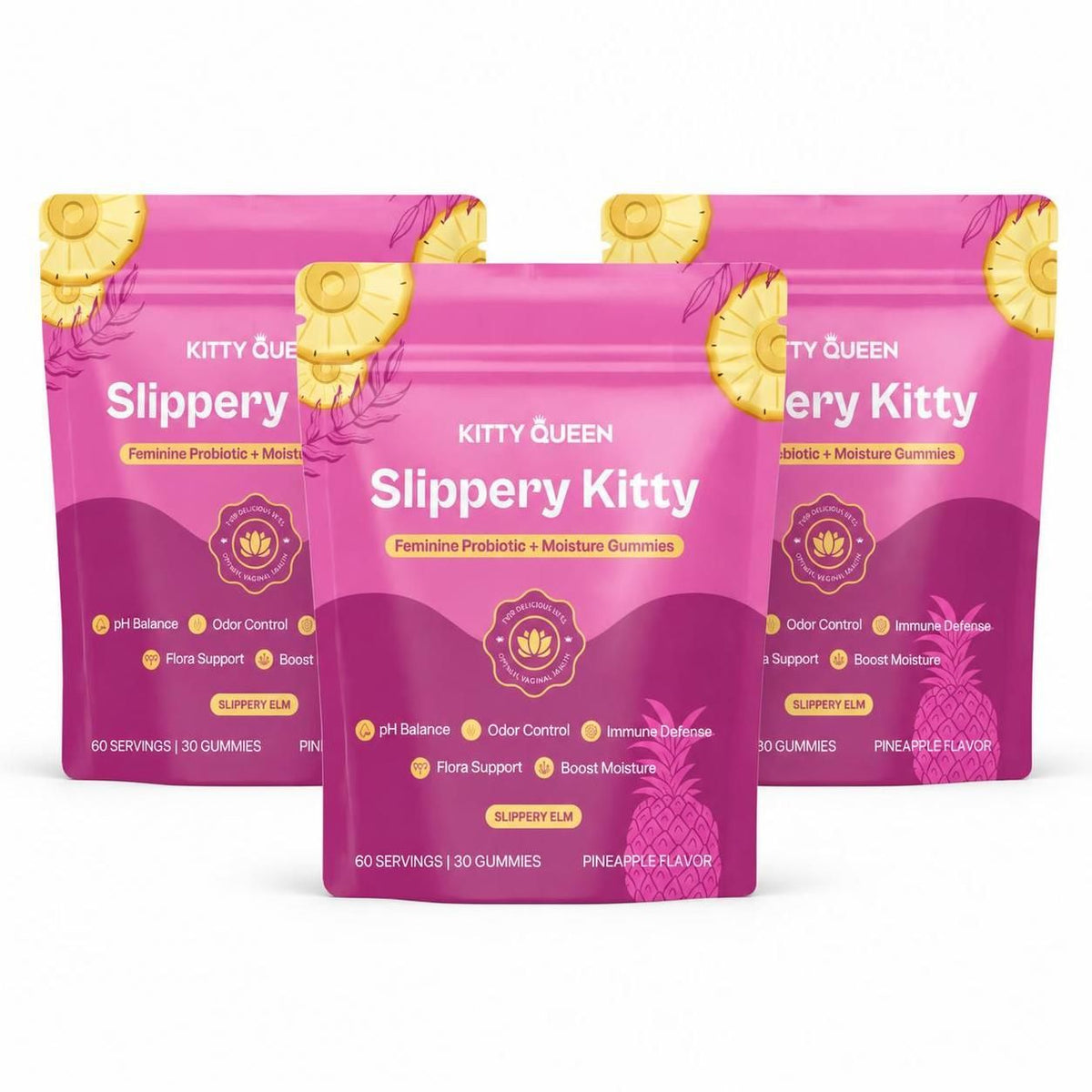 Slippery Kitty Feminine Probiotic + Moisture Gummies - All In One Solution With Slippery Elm 60 Count Pineapple Flavor – 3 Pack