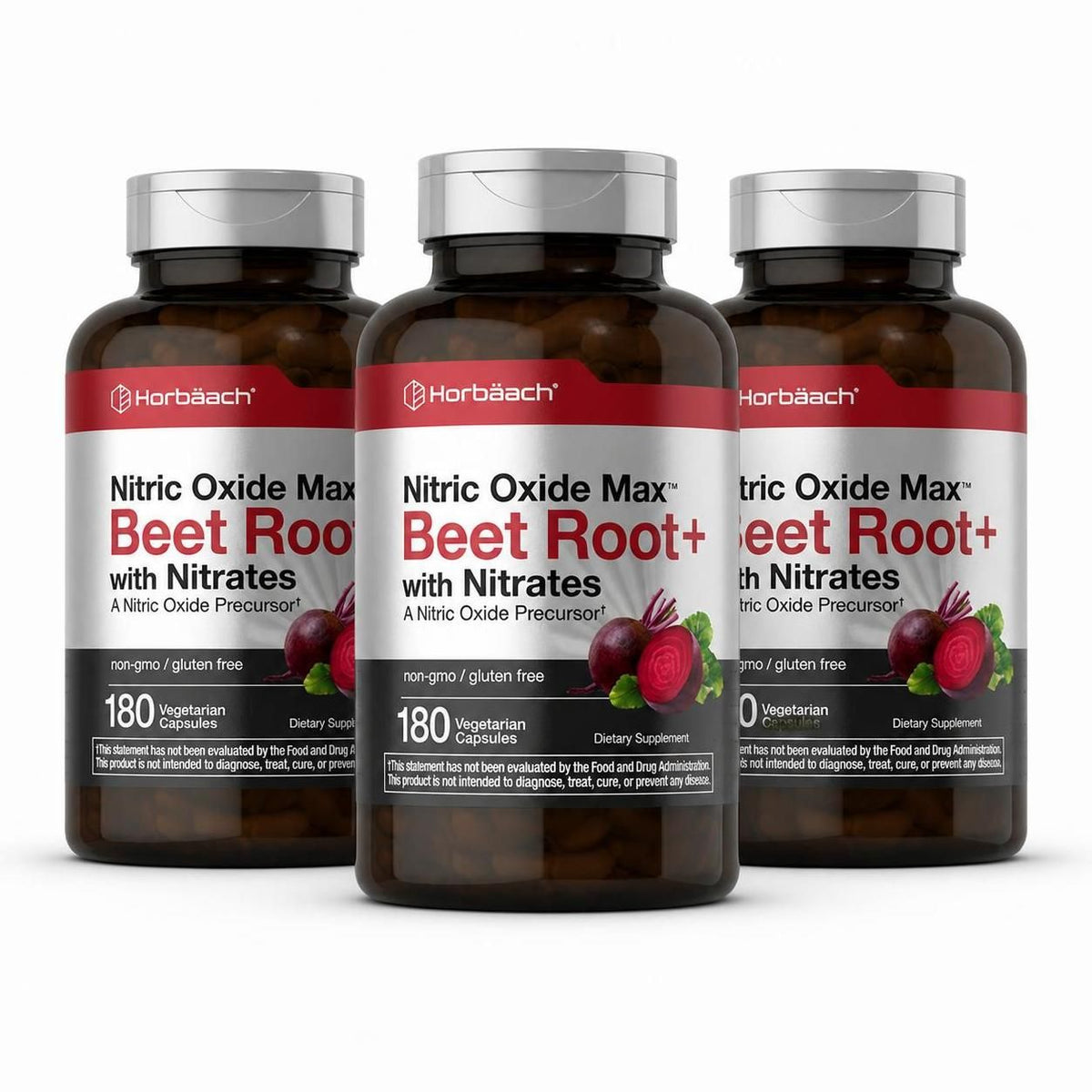 Horbäach Nitric Oxide Beet Root Capsules – 180 Count – With Nitrates And Precursor – For Men And Women – Vegetarian, Non-GMO, Gluten Free Supplement – 3 Pack
