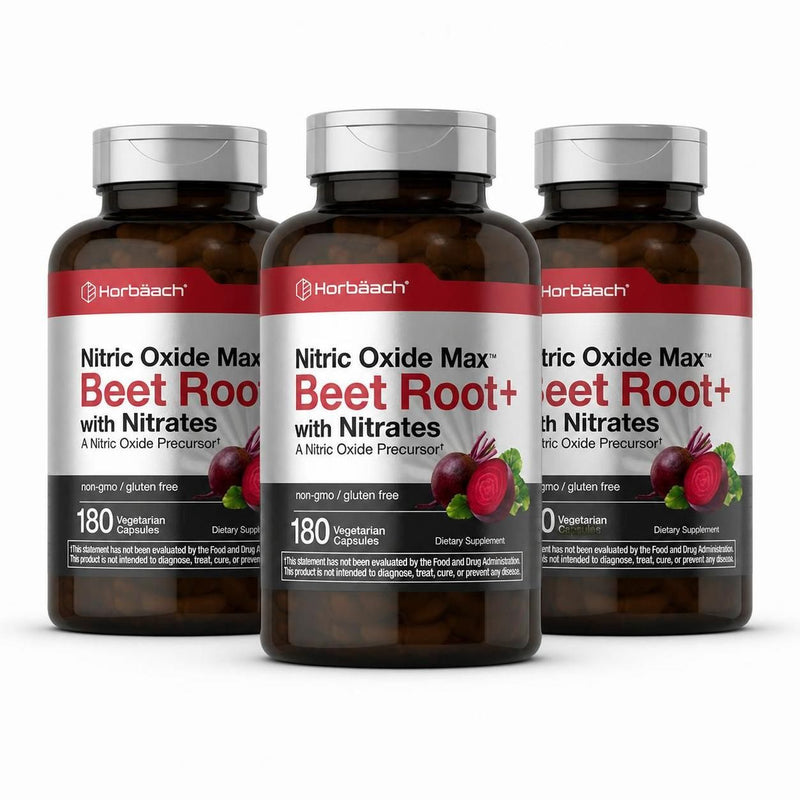 Horbäach Nitric Oxide Beet Root Capsules – 180 Count – With Nitrates And Precursor – For Men And Women – Vegetarian, Non-GMO, Gluten Free Supplement – 3 Pack
