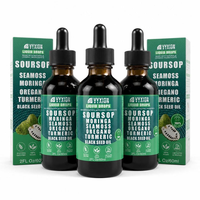 Vyxion Pure Soursop 10 In 1 Liquid Drops Extract - Seamoss, Moringa, Black Seed Oil, Turmeric, Oregano Liquid Drops For Immune System And Gut Health Support – 3 Pack